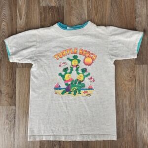 Vintage 1991 Diport USA Turtle Beach Kids T-Shirt Gray Teal Single Stitch 6/8